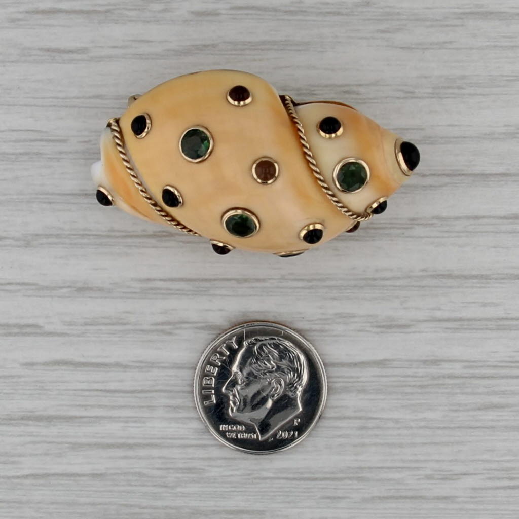 Sapphire Chalcedony Shell Brooch 14k Yellow Gold Nautical Statement Pin