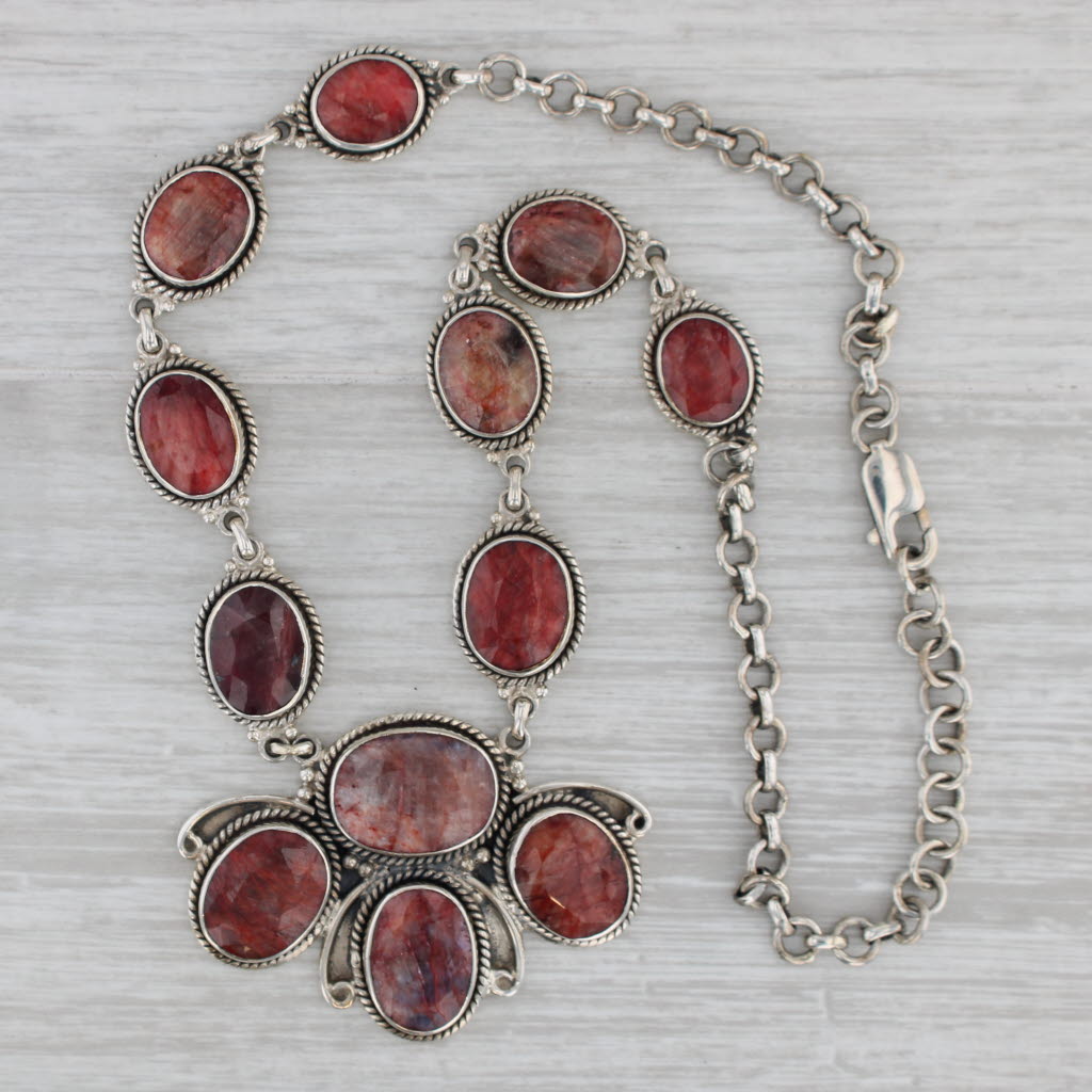 Gray Red Stone Corundum Bib Statement Necklace Sterling Silver 18.5" Southwestern