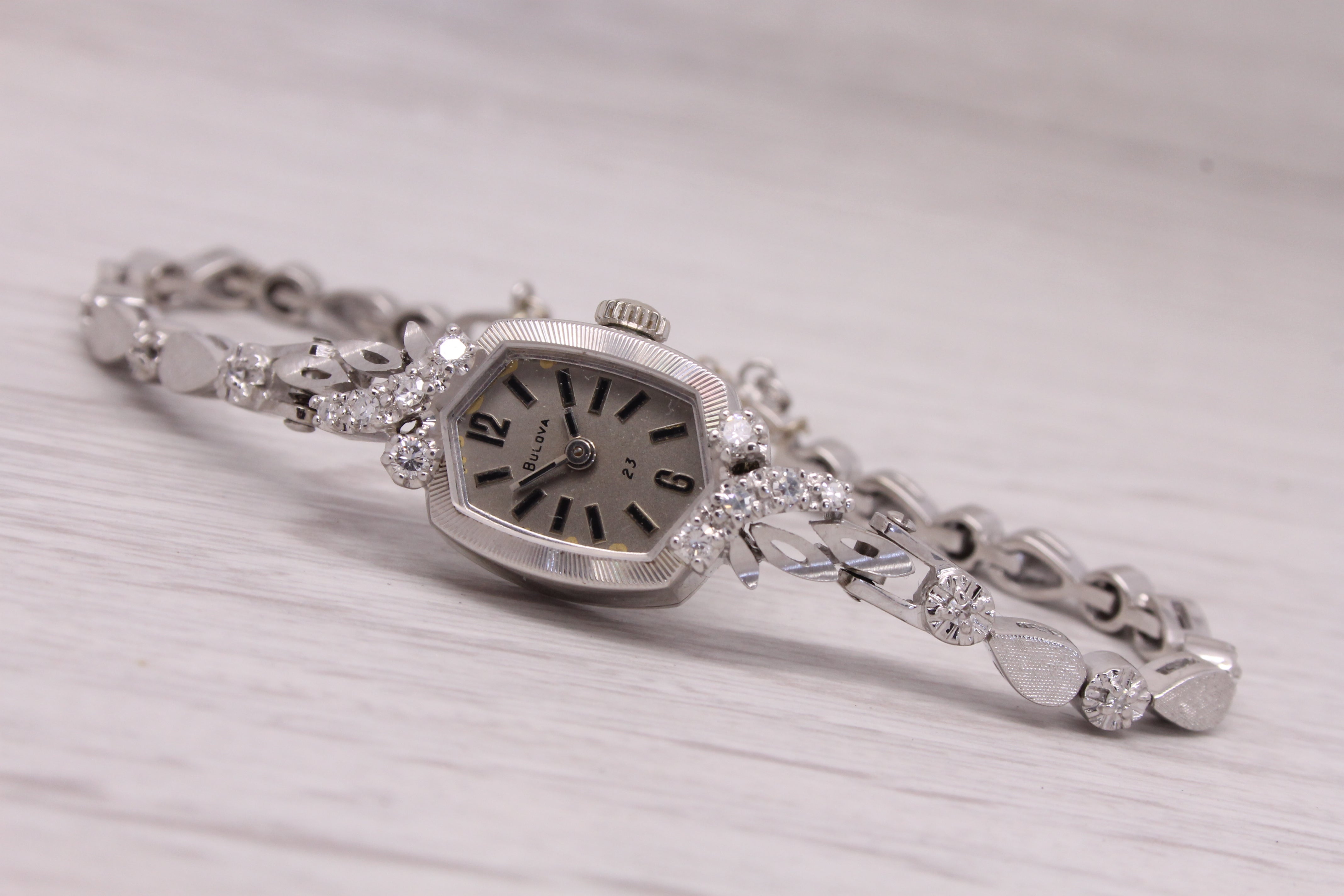 Gray Vintage Bulova 23 Ladies14k White Gold & Diamond Cocktail Wrist Watch Serviced