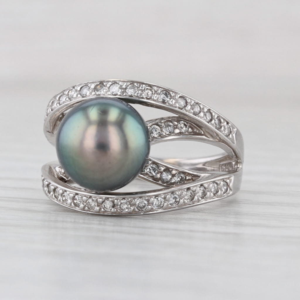 9.3mm Gray Cultured Pearl Diamond Ring 14k White Gold Size 7.25