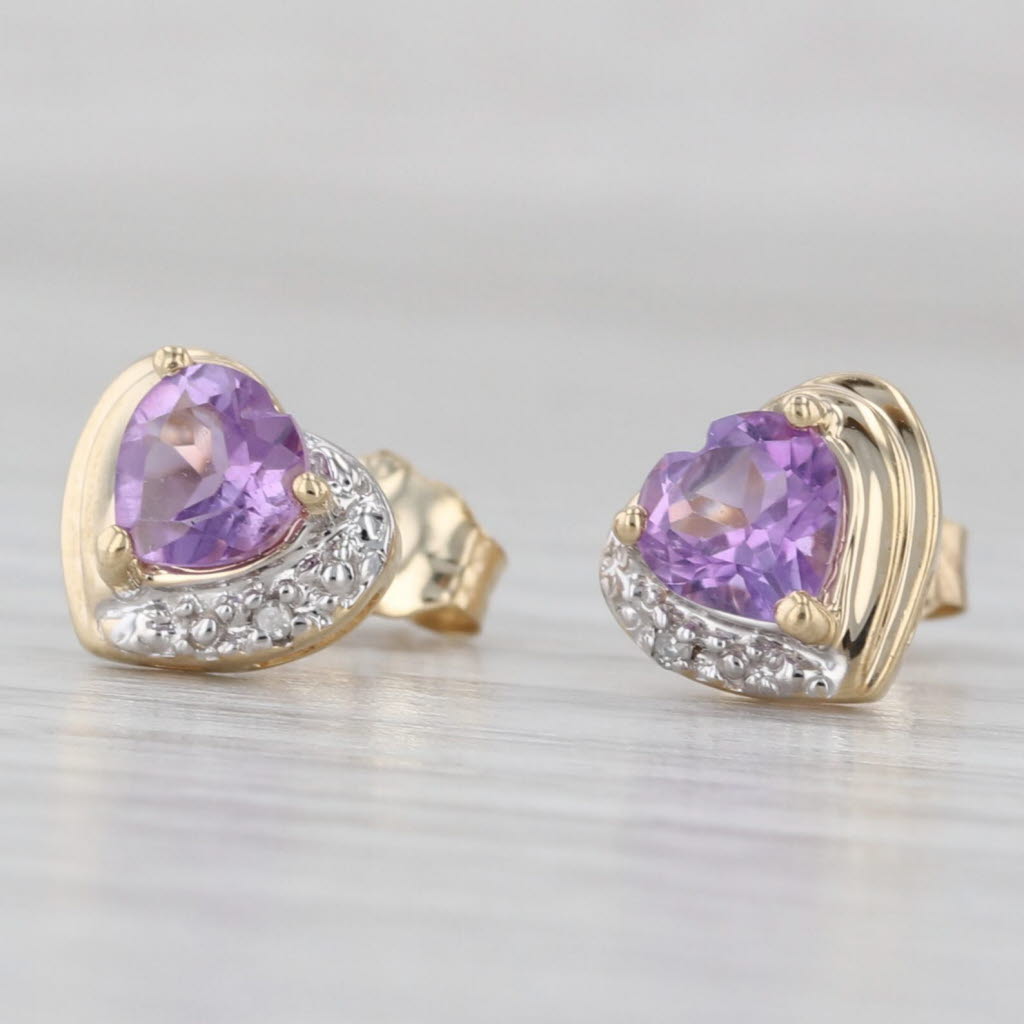 Light Gray 0.78ctw Amethyst Heart Stud Earrings 10k Yellow Gold Diamond Accents