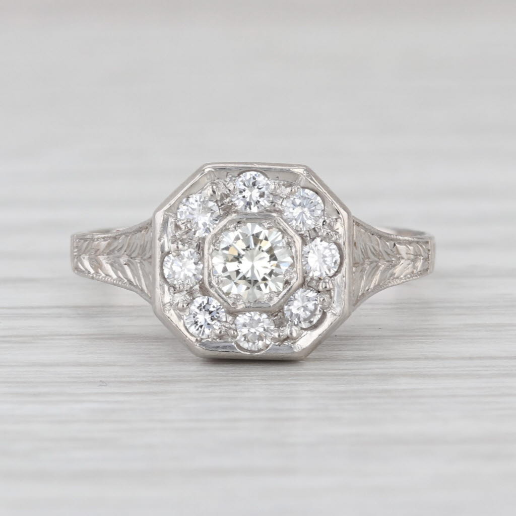 Antique Diamond Halo Engagement Ring Platinum Size 6.25 Wheat Etched
