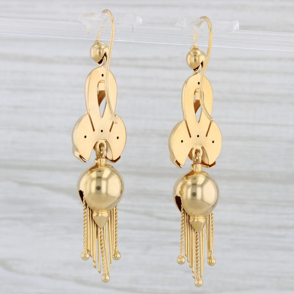 Light Gray Antique Fringe Dangle Statement Earrings 15k Yellow Gold Hook Posts