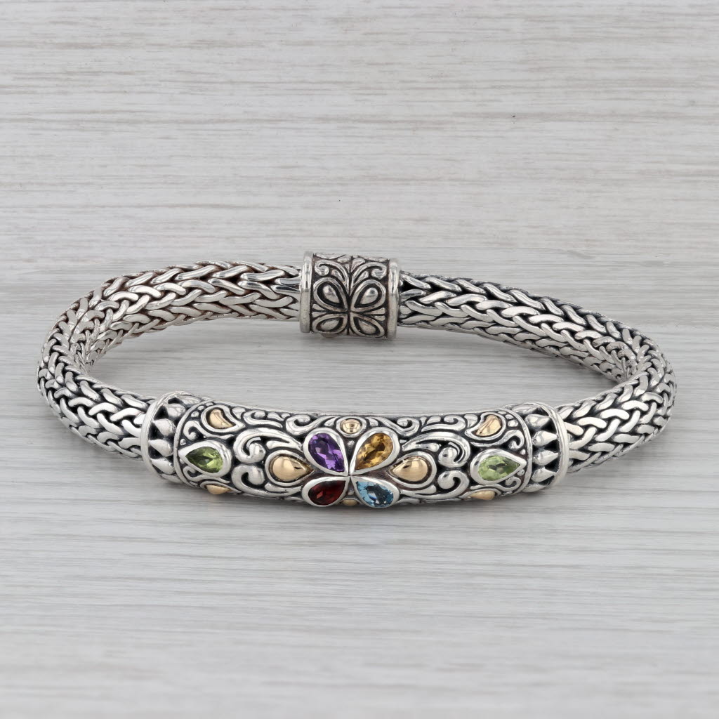 Gray 1.37ctw Gemstone Ornate Floral Bracelet Sterling Silver 18k Gold 7.5" Samuel B