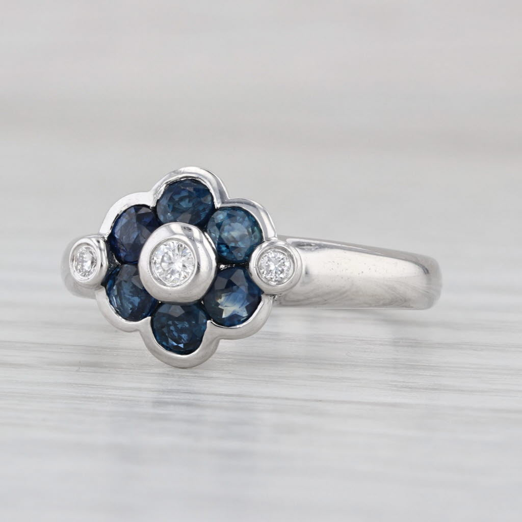 1ctw Blue Sapphire Diamond Flower Ring 14k White Gold Size 7