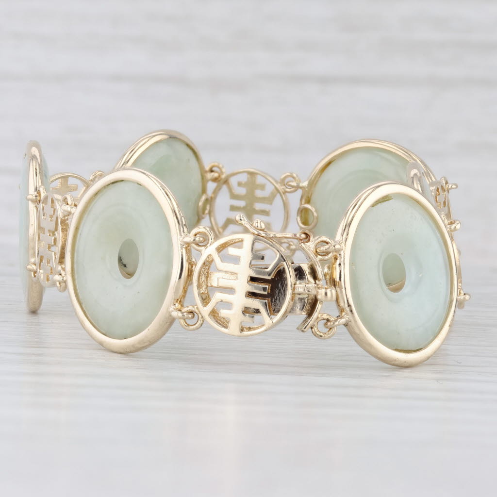 Light Gray Jadeite Jade Hololith Chinese Character Circle Link Bracelet 14k Gold 7.25"