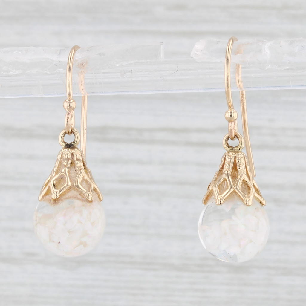 Light Gray Vintage Floating Opals in Glass Drop Earrings 14k Yellow Gold Hook Post Dangles