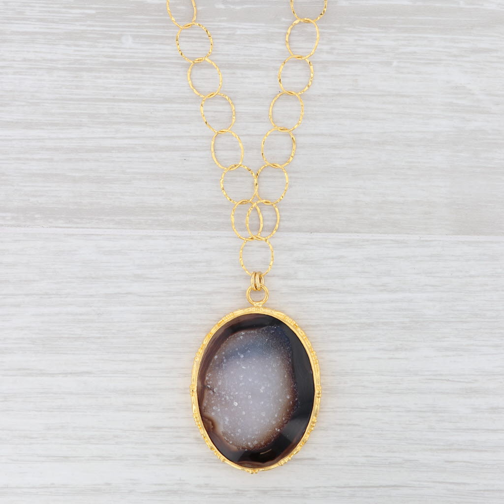 New Nina Wynn Druzy Quartz Agate Pendant Necklace Sterling Gold Vermeil