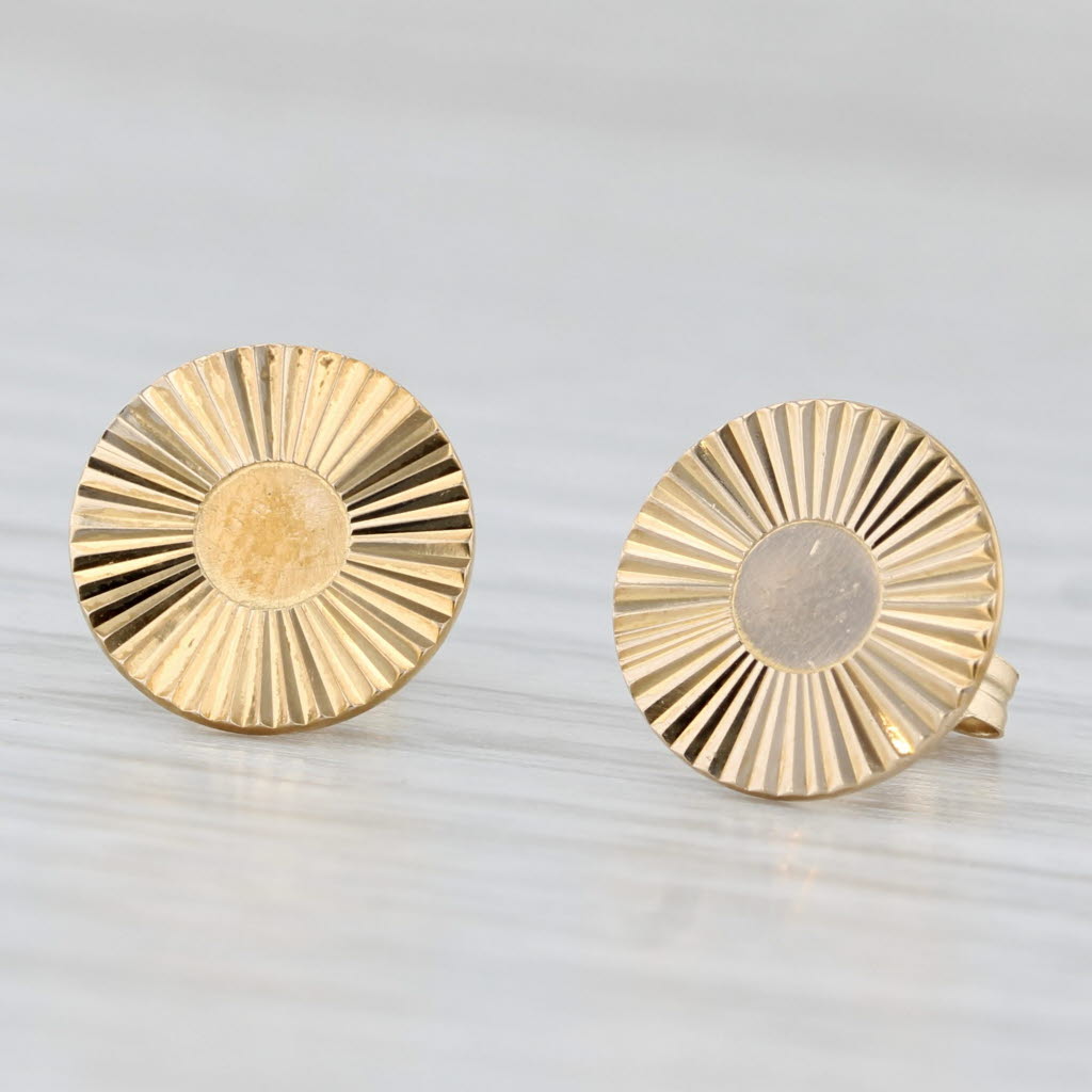 Light Gray Rayed Stud Earrings 14k Yellow Gold Circle Round Studs