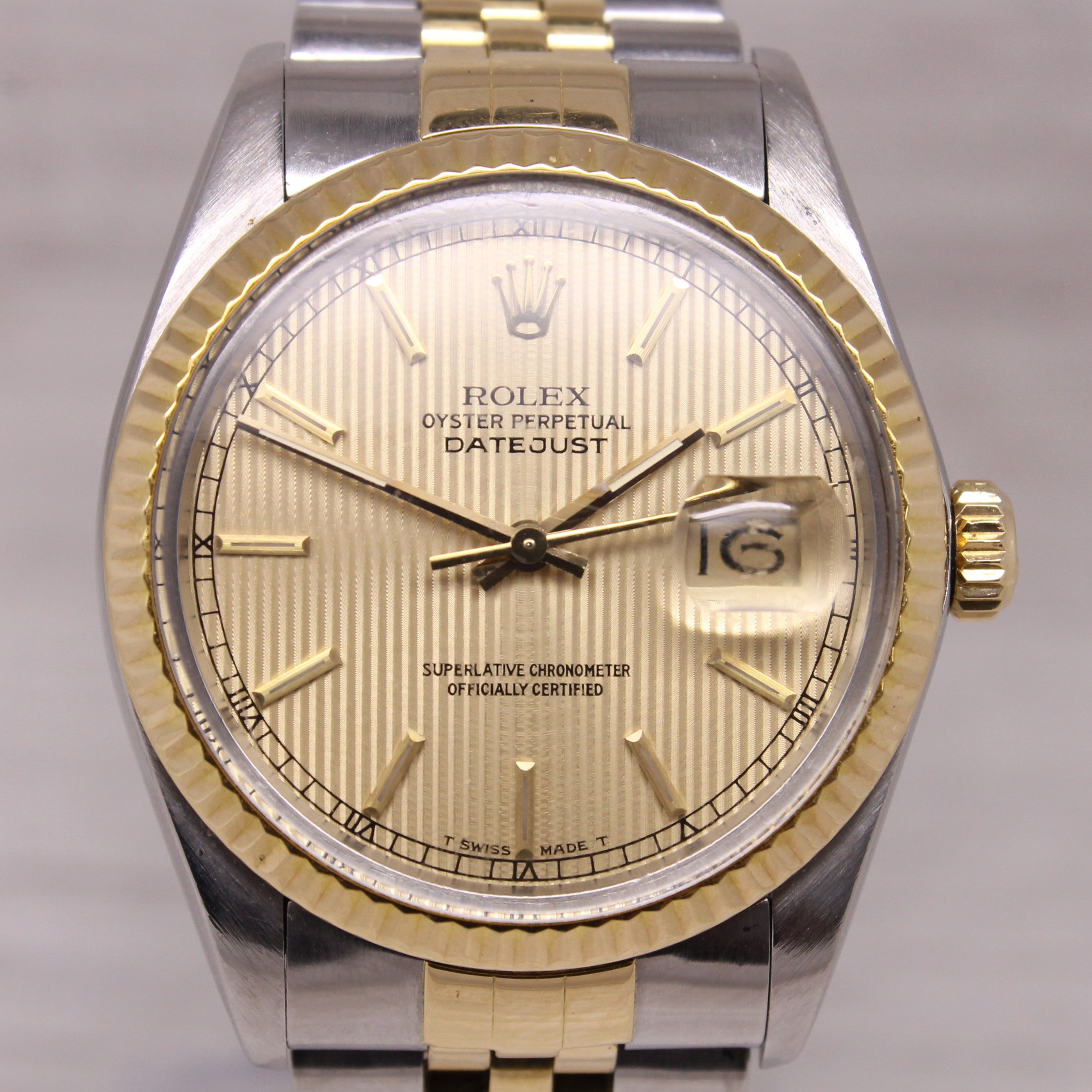 Vintage c.1986 Rolex Datejust 16013 18k Steel Mens Automatic Watch Tapestry Dial