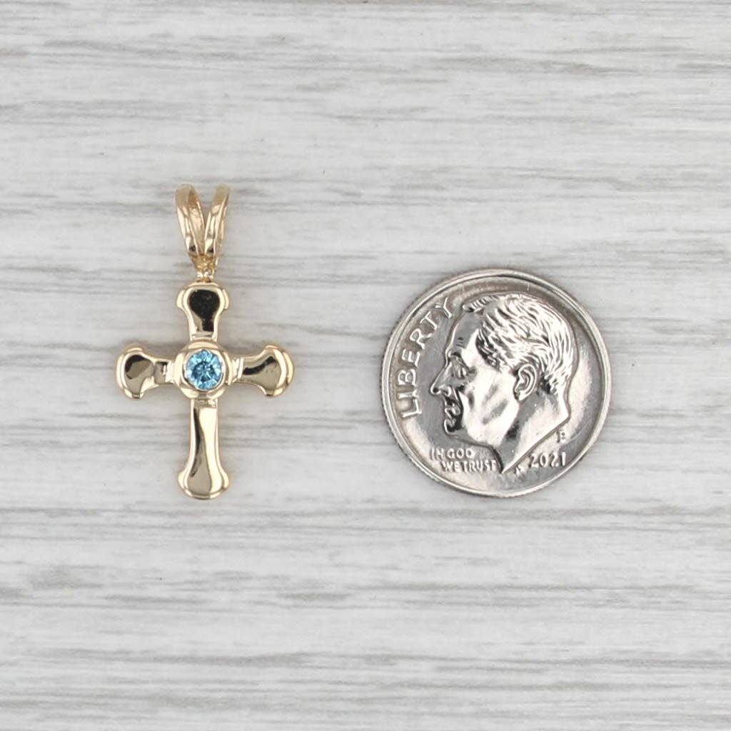 0.10ct Blue Diamond Cross Pendant 14k Yellow Gold Small Drop