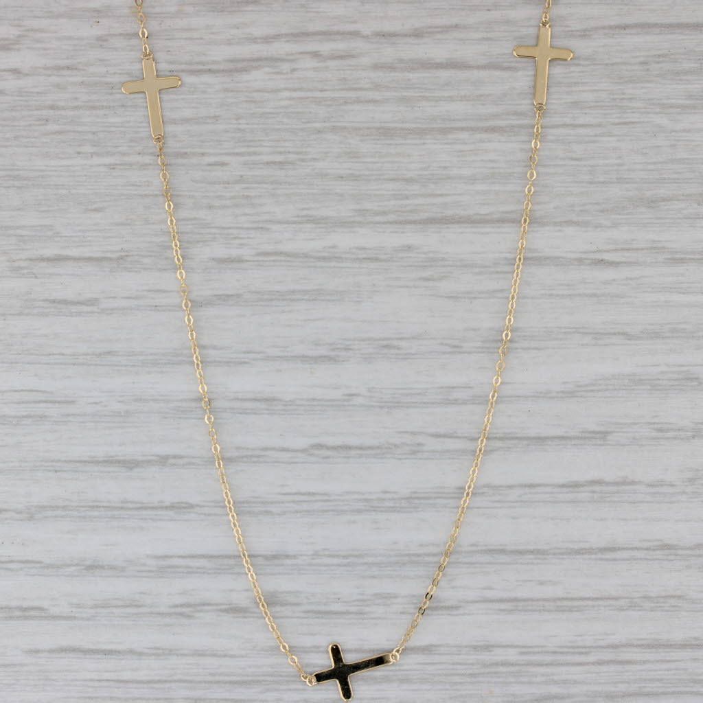 Gray New Cross Station Necklace 14k Yellow Gold 18" Cable Chain 3 Crosses