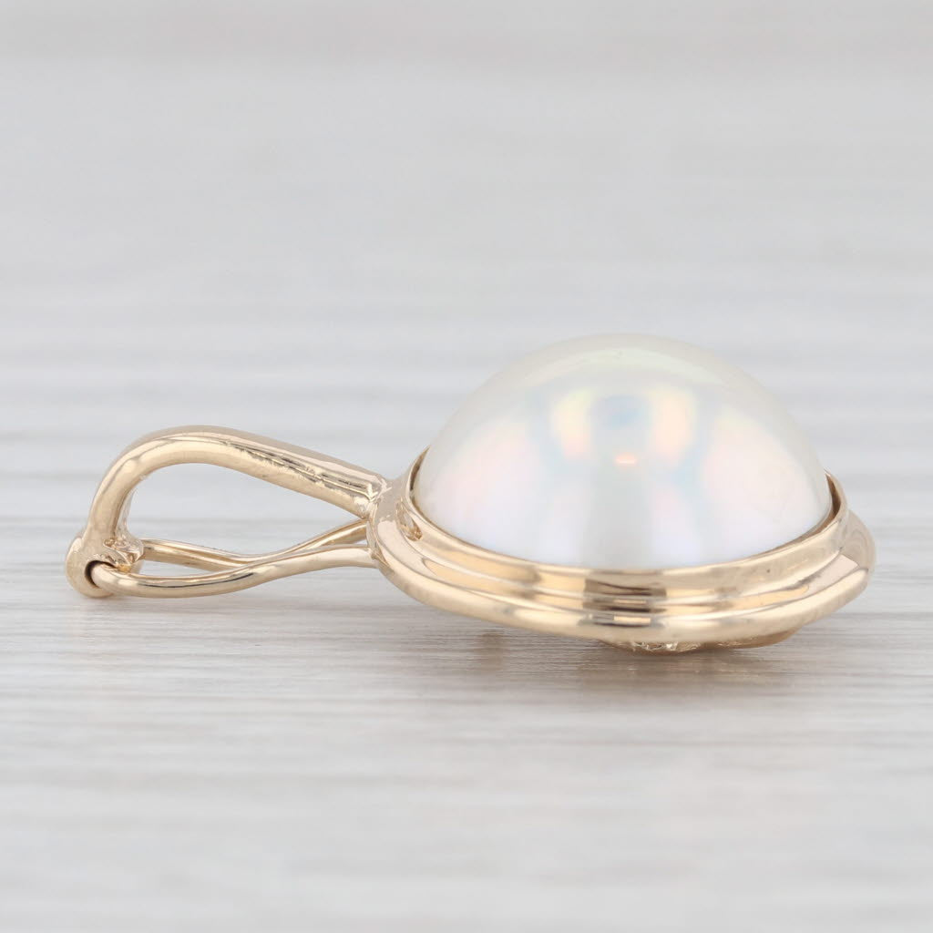 Light Gray Mabe Pearl Pendant 14k Yellow Gold Round Cabochon Solitaire Clip Enhancer Bail