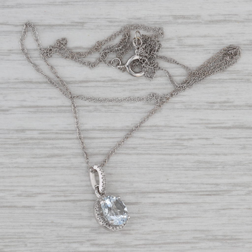 Gray 1.35ctw Aquamarine Diamond Halo Pendant Necklace 14k White Gold 18" Rope Chain
