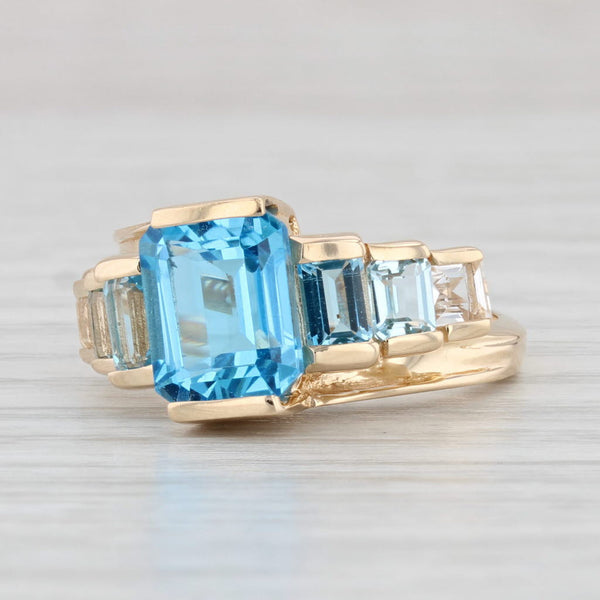4.30ctw Blue White Tiered Topaz Ring 14k Yellow Gold Size 7
