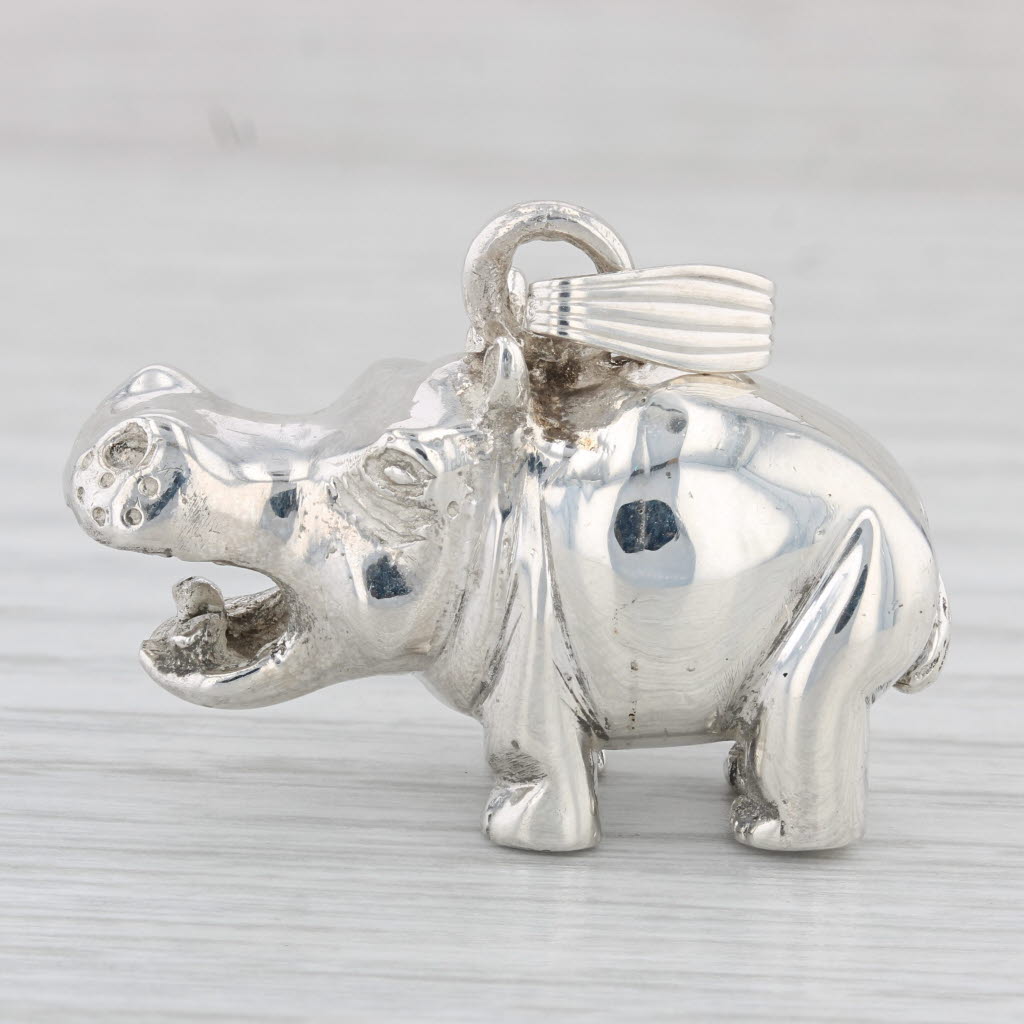 Light Gray Vintage Hippo Figurine Pendant Sterling Silver 925 3D Charm