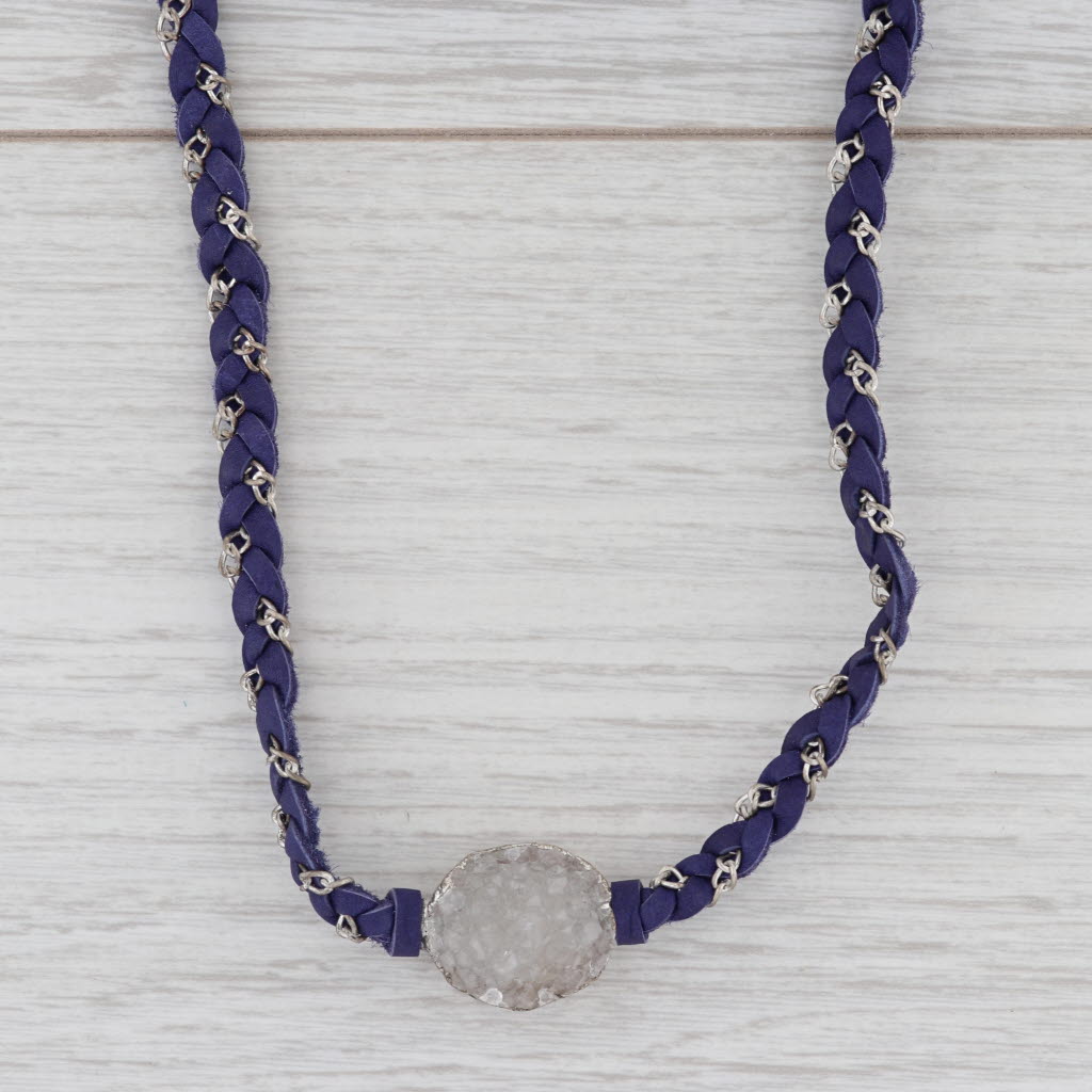 New Nina Wynn Cordelia Necklace White Druzy Pendant Woven Purple Leather NWT