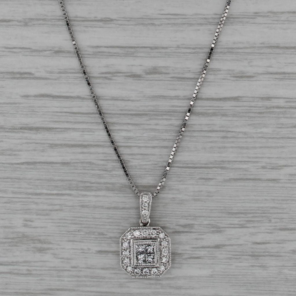0.50ctw Princess Diamond Halo Pendant Necklace 14k White Gold 18" Box Chain