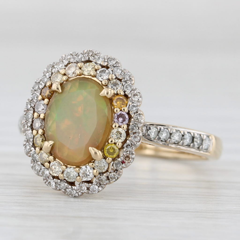 Light Gray Colorful Opal Diamond Halo Ring 14k Yellow Gold Size 8.25