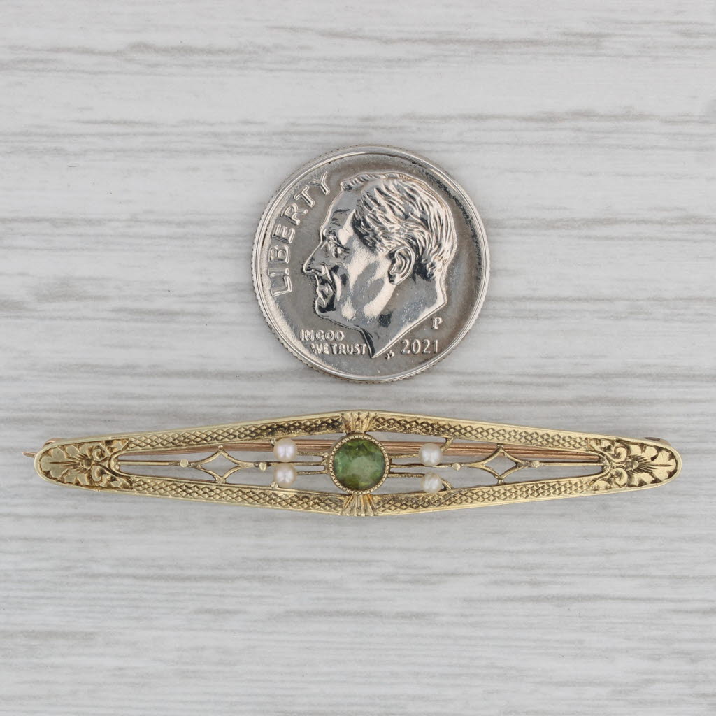 Gray Seed Pearl Peridot Bar Pin 14k 10k Yellow Gold Vintage Brooch