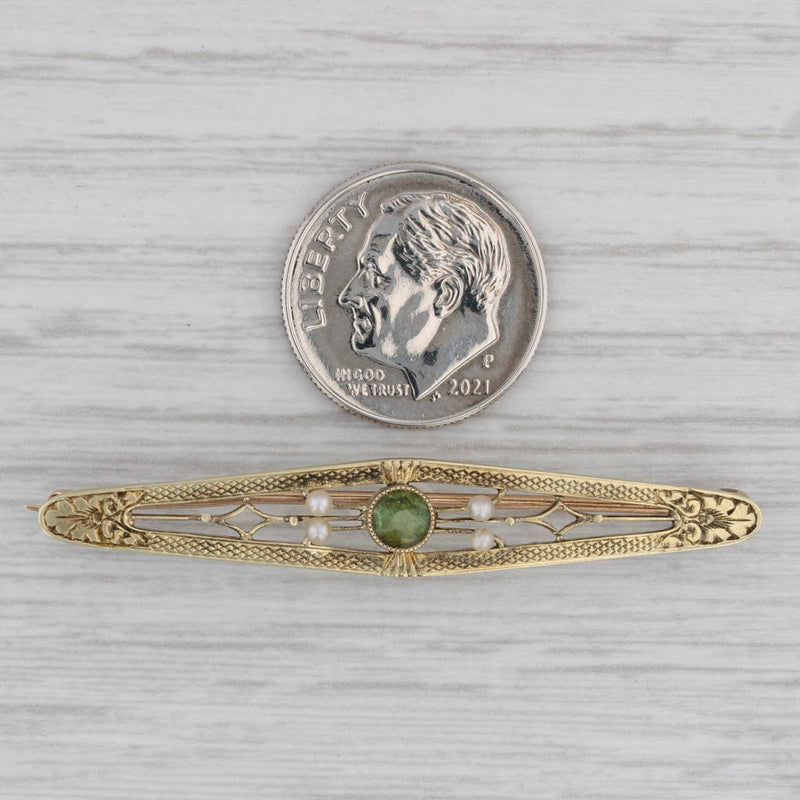 Seed Pearl Peridot Bar Pin 14k 10k Yellow Gold Vintage Brooch