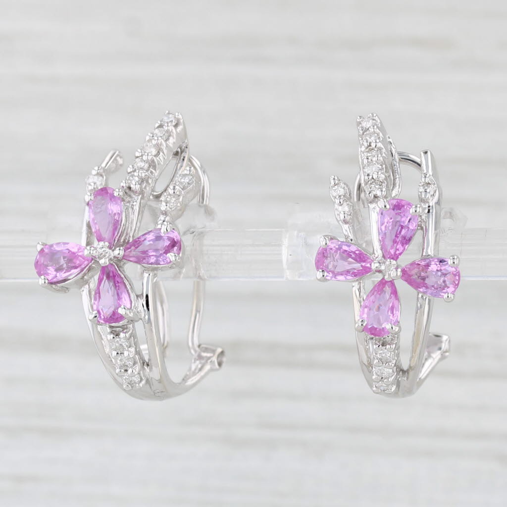 Light Gray 2ctw Pink Sapphires Diamond Flower Drop 14k White Gold Dangles