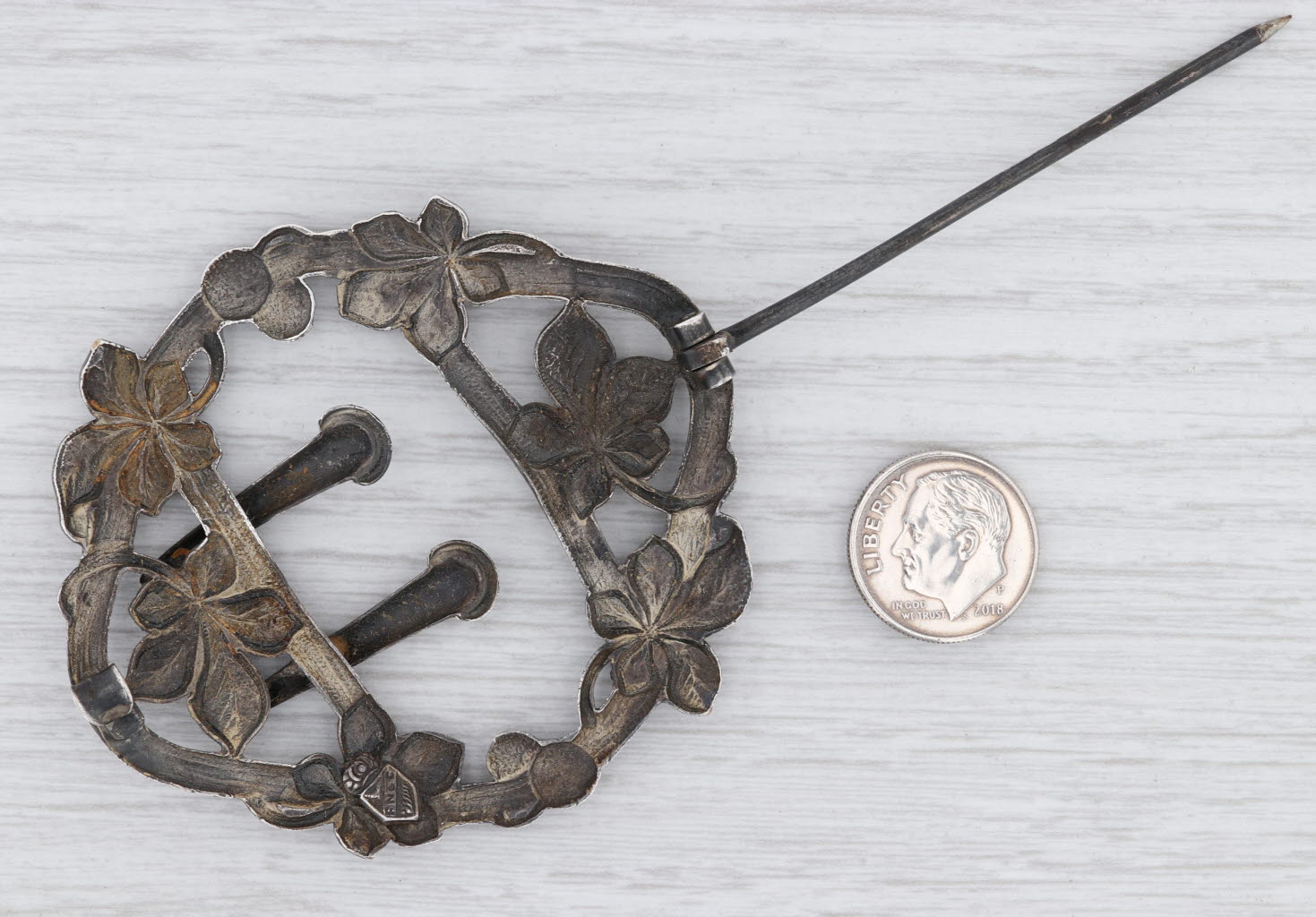 Vintage Floral Statement Brooch Fishol Nessler Hat Scarf Pin Fine Silver
