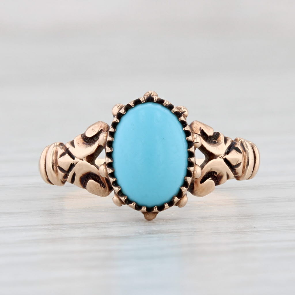 Light Gray Victorian Turquoise Glass Ring 10k Yellow Gold Small Size 5.75 Antique