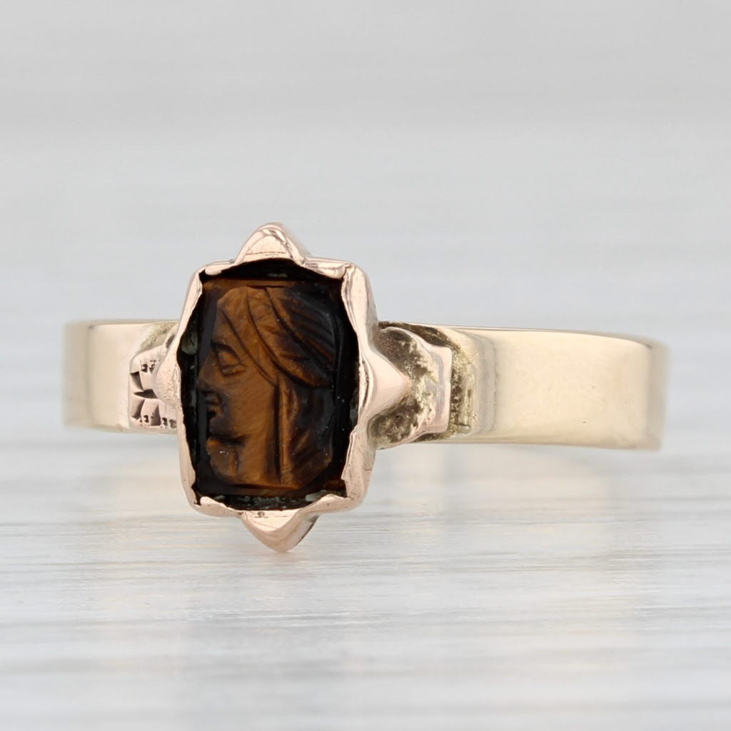 Light Gray Antique Carved Tiger's Eye Cameo Ring 14k Yellow Gold Size 3.75-4 Small Signet