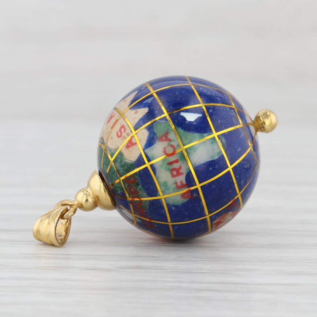 Stone Mosaic Bead Globe Pendant 14k Gold Shell Mother of Pearl Abalone Unakite