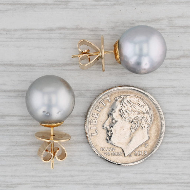 Gray Gray Cultured Pearl Stud Earrings 14k Yellow Gold 11mm Round Solitaires