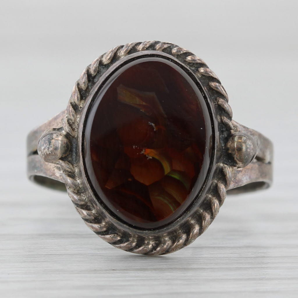 Light Gray Fire Agate Oval Cabochon Solitaire Ring Sterling Silver Size 9 Vintage