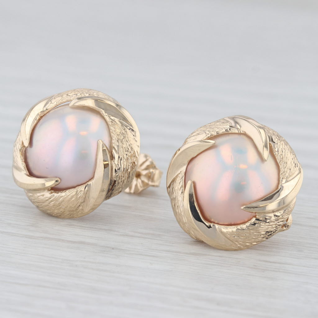 Light Gray Mabe Pearl Stud Earrings 14k Yellow Gold Cabochon Solitaires