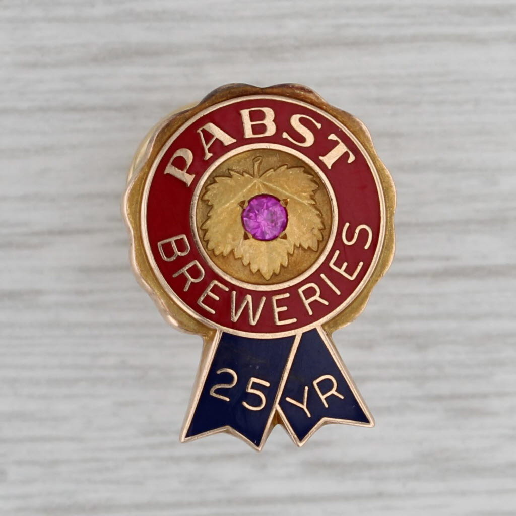 Gray Pabst Blue Ribbon Breweries 25 Years Service Pin 10k Gold Lab Created Ruby