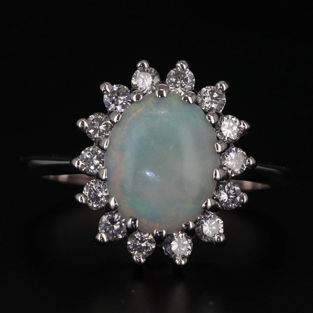 Black Oval Opal Cabochon Diamond Halo Ring 14k White Gold Size 6.5