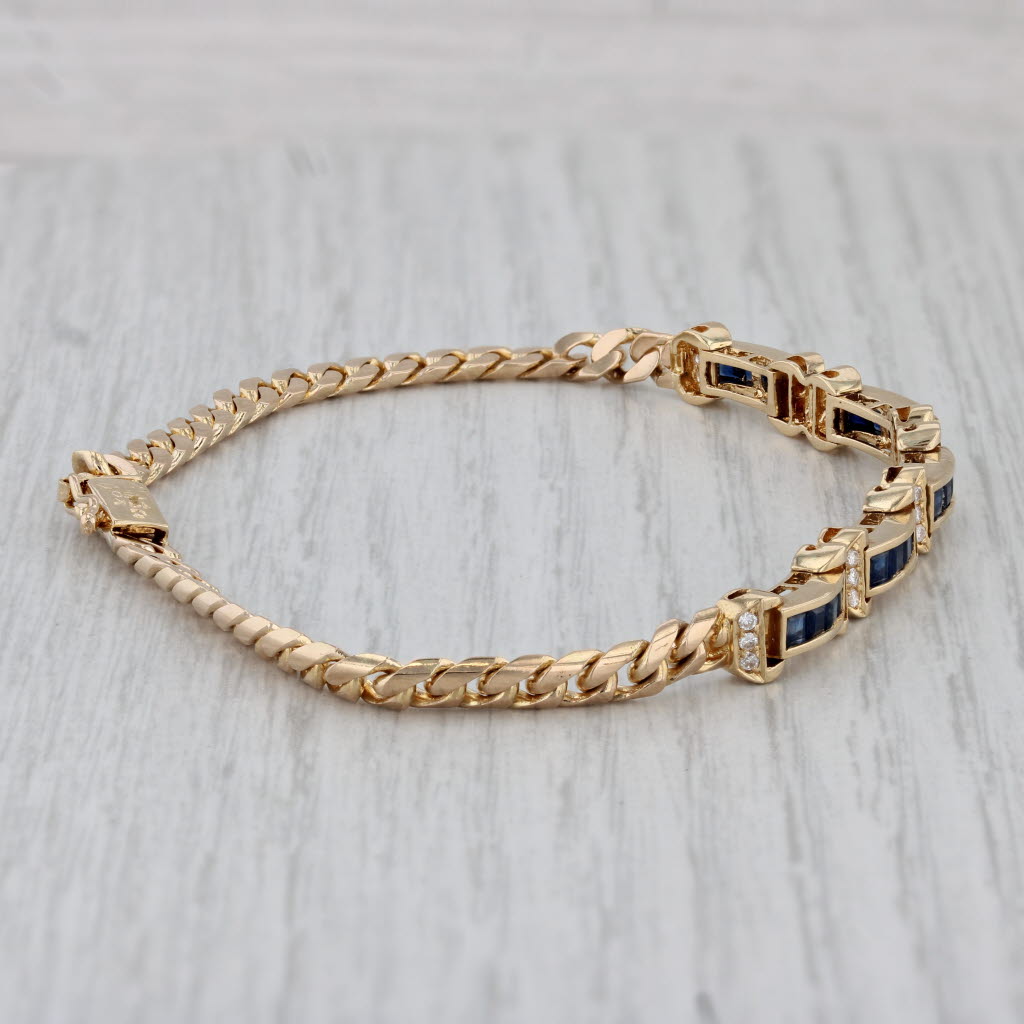 Gray 1.98ctw Blue Sapphire Diamond Bracelet 18k Yellow Gold 7.75" Curb Chain