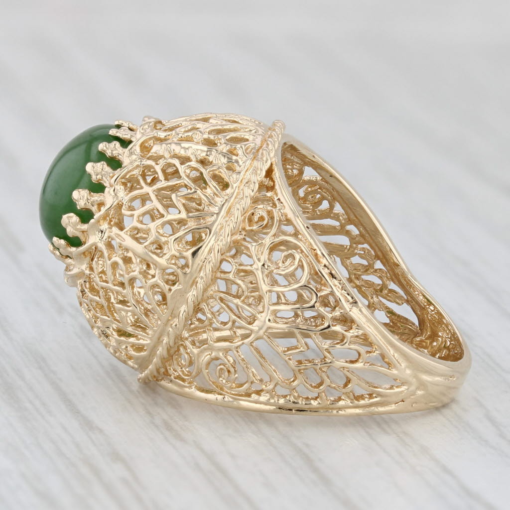 Light Gray Green Nephrite Jade Ornate Openwork Ring 14k Yellow Gold Size 6.25 Cocktail