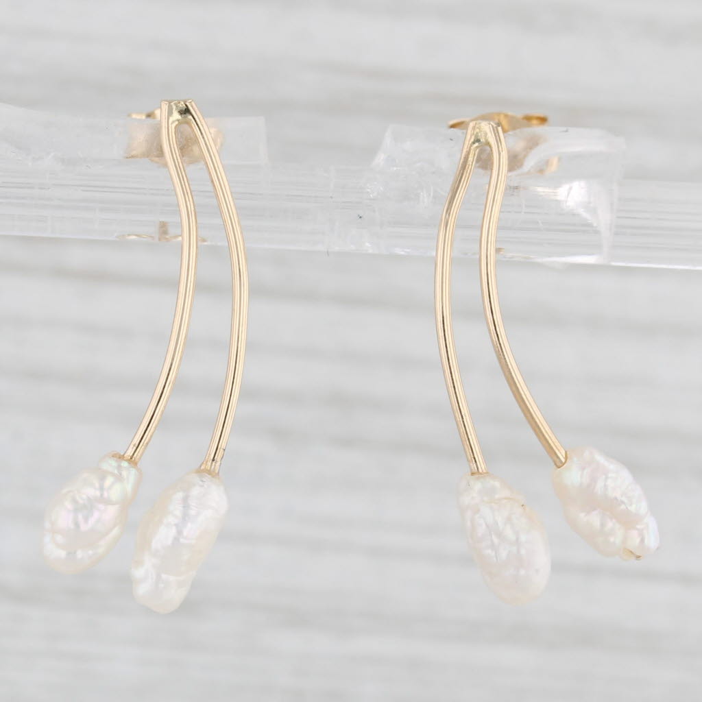 Light Gray Freshwater Rice Krispie Baroque Pearl Drop Earrings 14k Yellow Gold