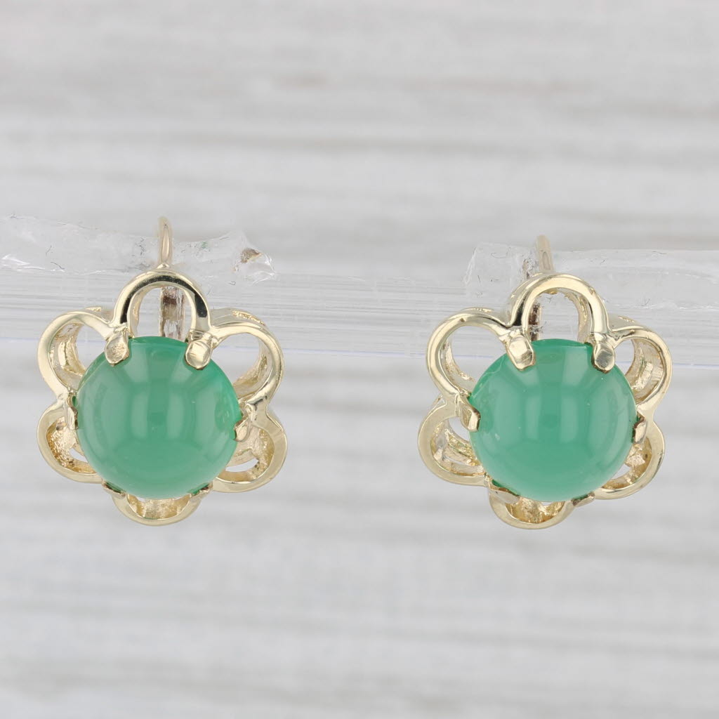 Light Gray Vintage Green Chalcedony Flower Stud Drop Earrings 14k Yellow Gold Lever Backs