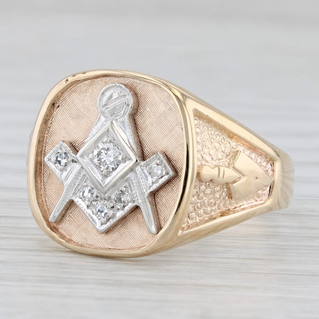 Light Gray 0.10ctw Diamond Masonic Signet Ring 10k Gold Sz 11.75 Square Compass Blue Lodge