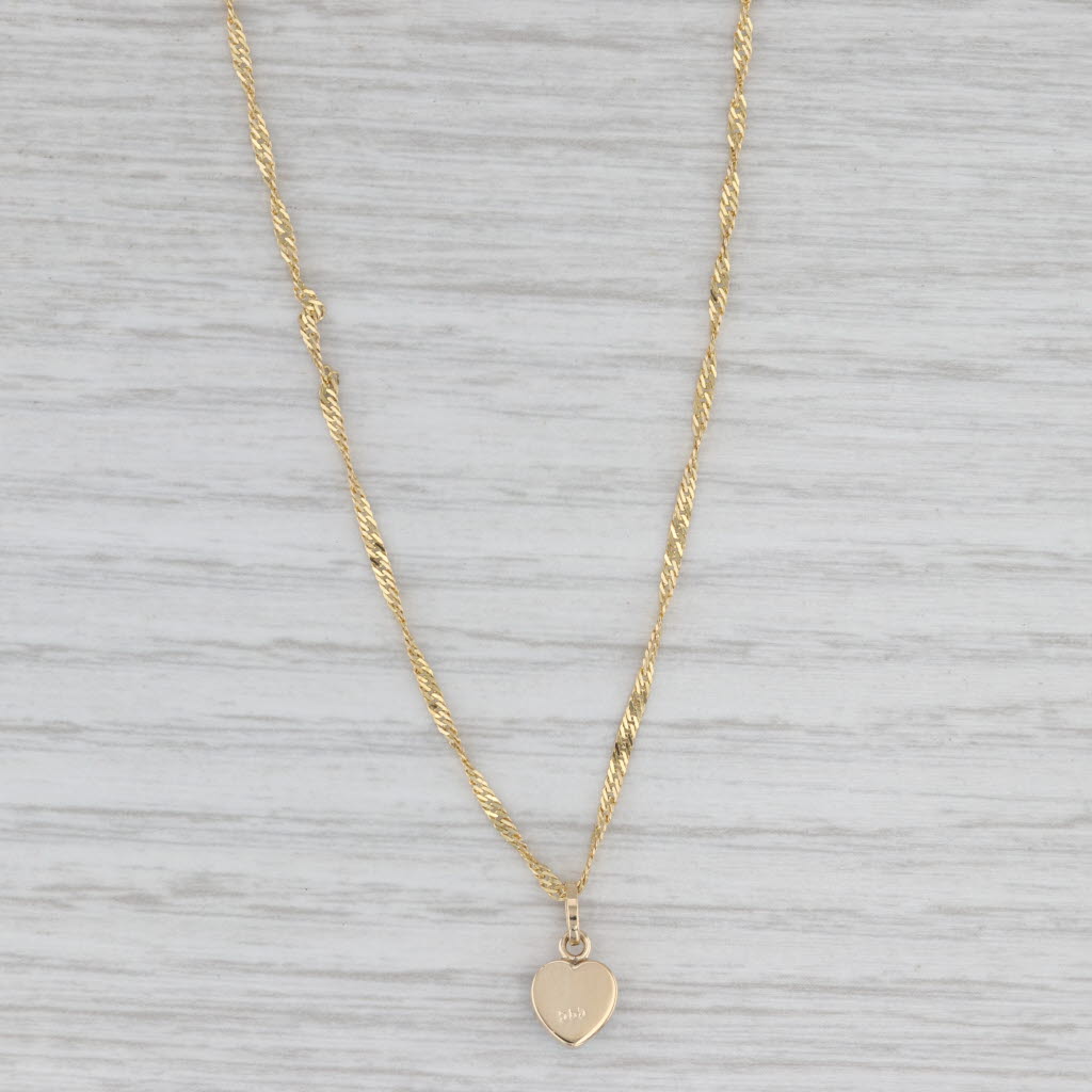 Blue Glass Small Heart Pendant Necklace 14k Yellow Gold 20" Singapore Chain
