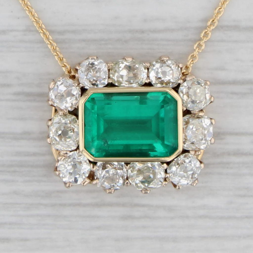 Gray 4.25ctw Antique GIA F1 Emerald Mine Diamond Halo Pendant Necklace 18k Gold 17.5"