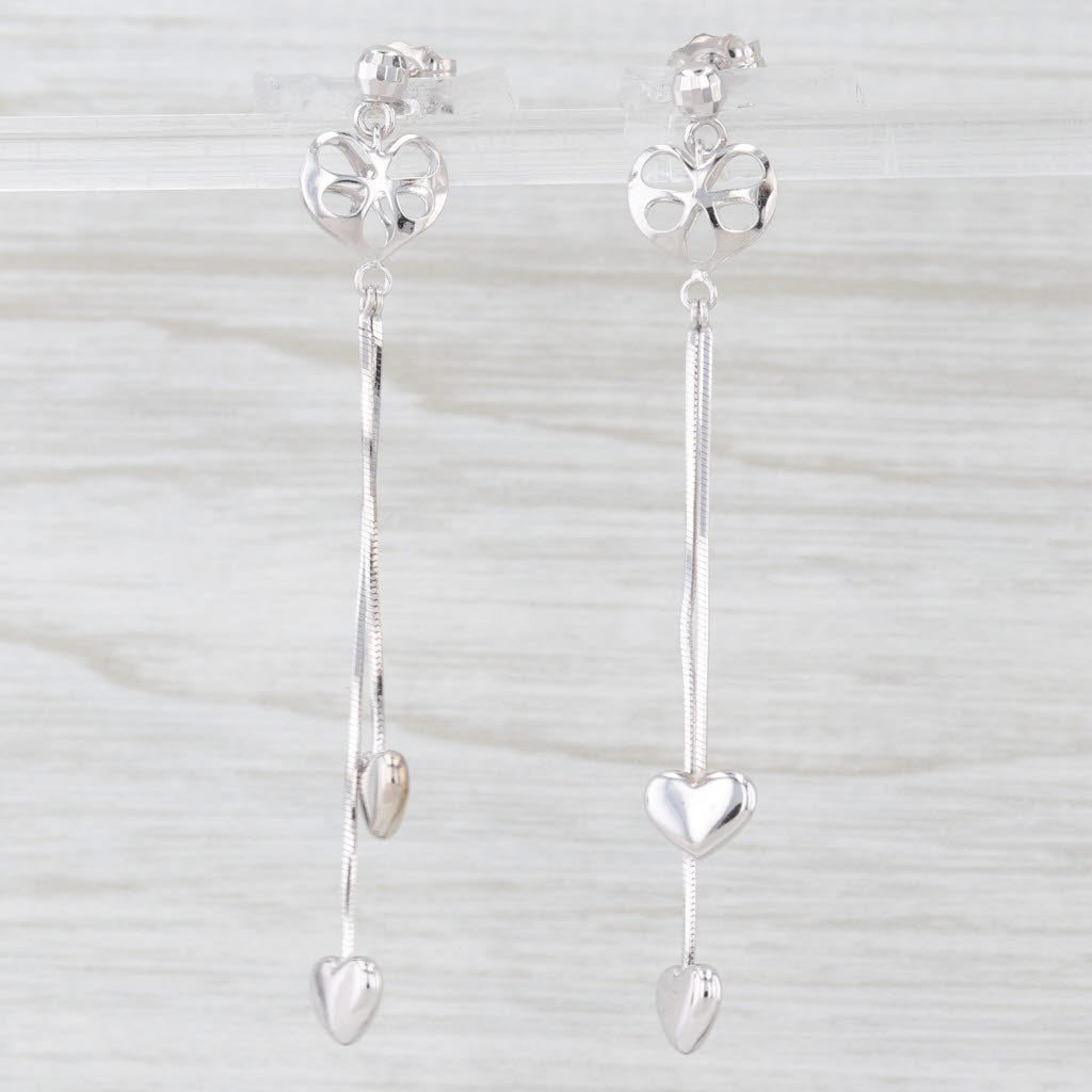 Light Gray Heart Dangle Earrings 18k White Gold Fringe