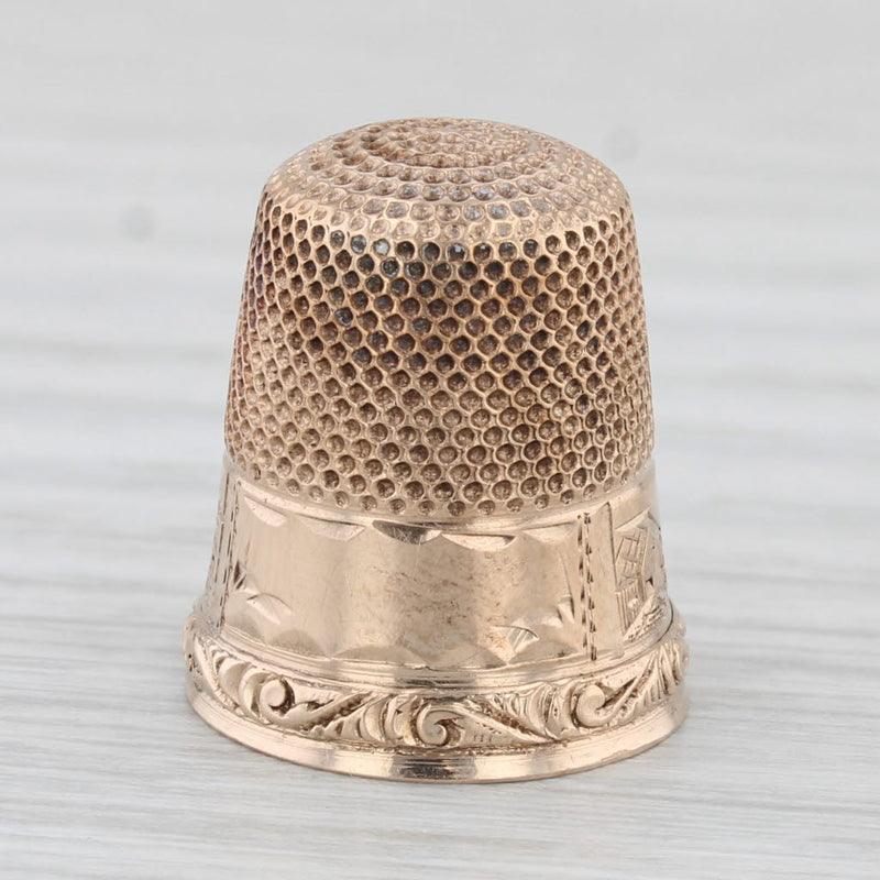 Antique Thimble Size 6 10 Yellow Gold Mountain Village Scene Sewing Collectible