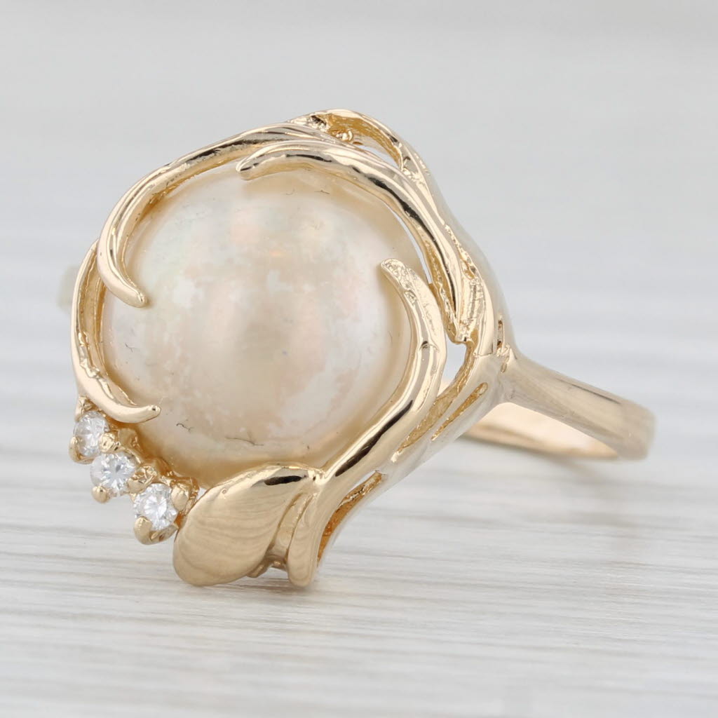 Light Gray Vine Framed Mabe Pearl Diamond Ring 14k Yellow Gold Size 9.25