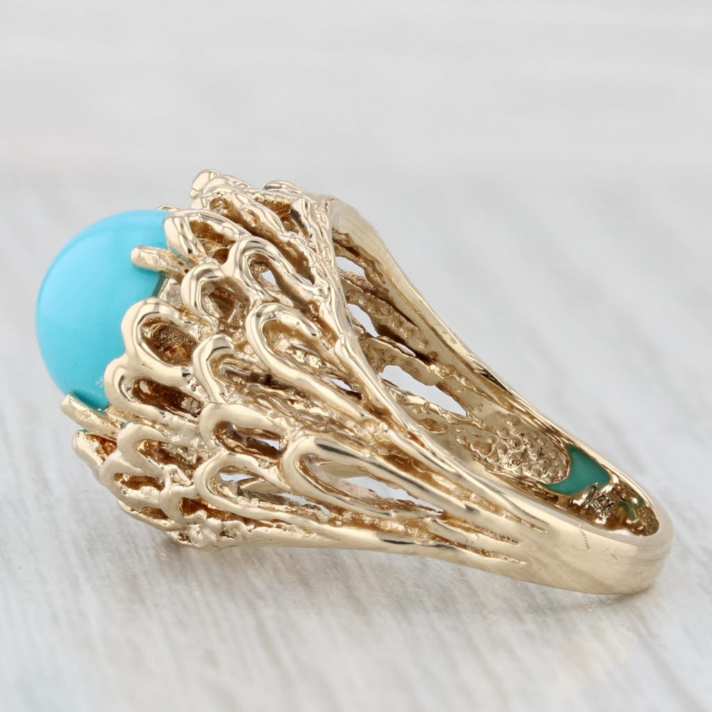 Light Gray Simulated Turquoise Ring 14k Gold Round Cabochon Size 6.5 Ornate Openwork