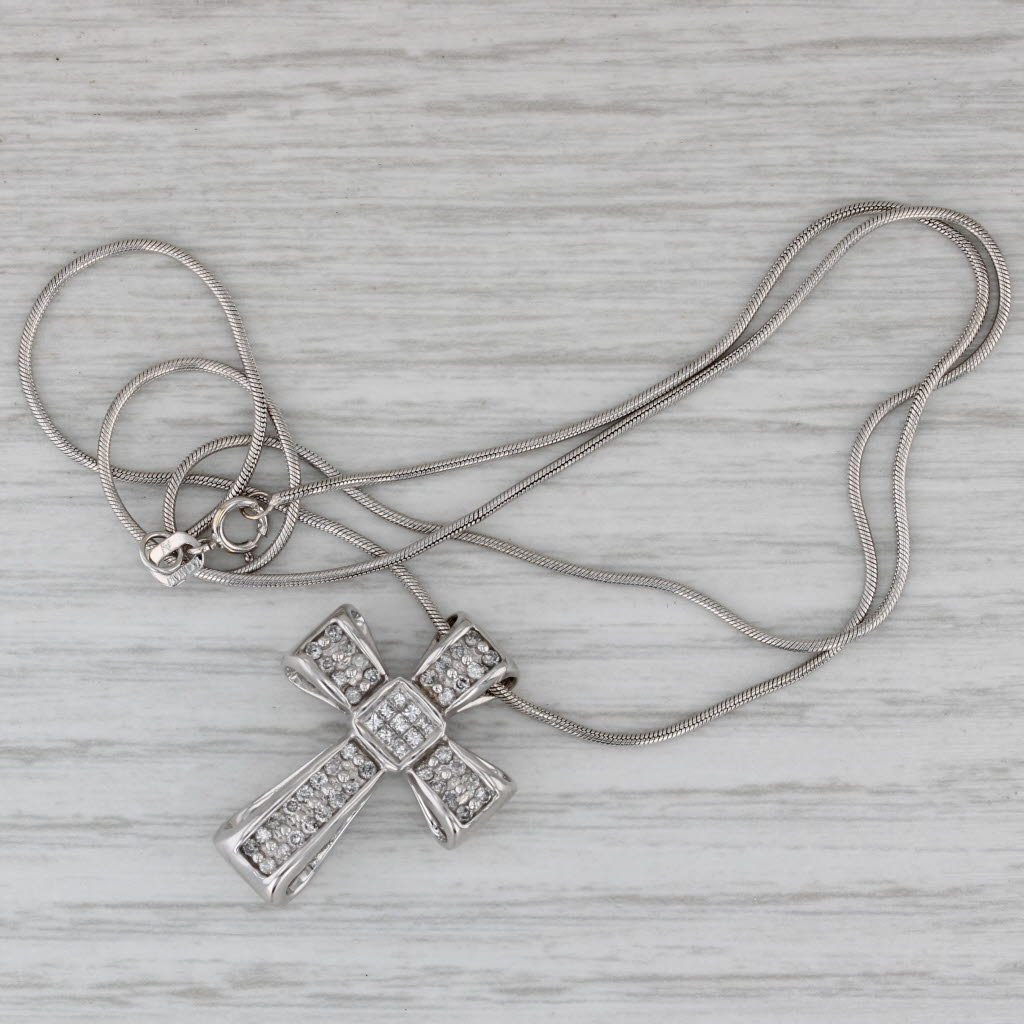 Gray 0.50ctw Diamond Cross Pendant Necklace 14k White Gold 17" Snake Chain