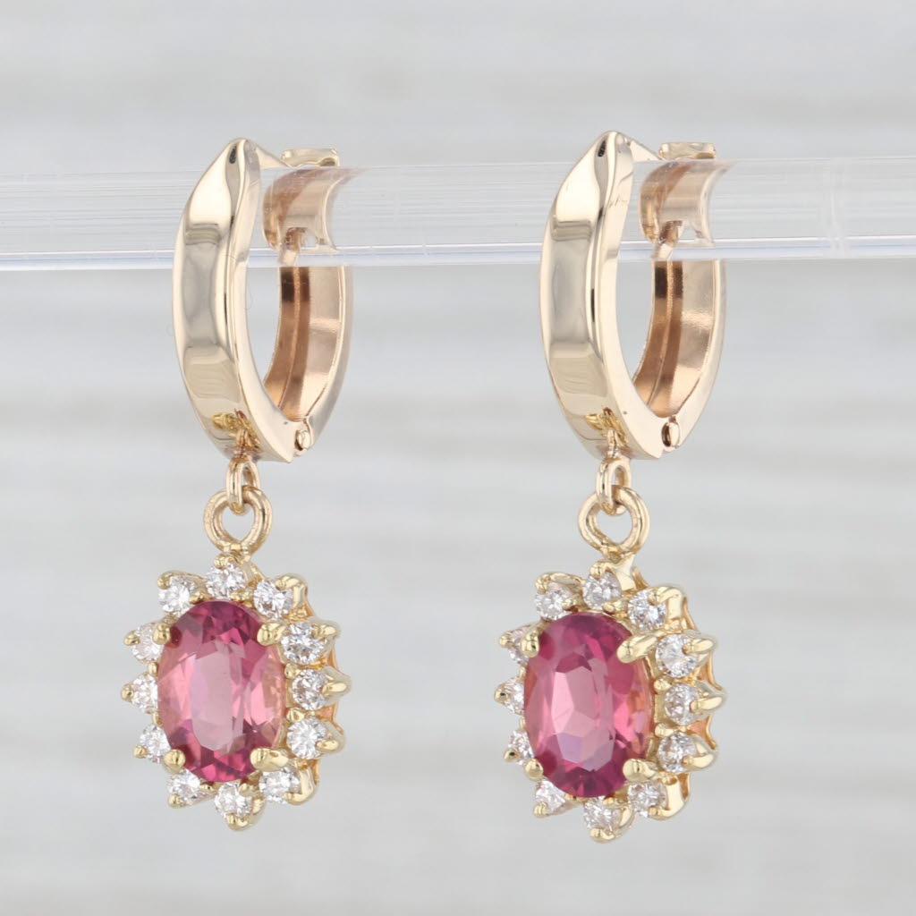 Light Gray 2.11ctw Pink Tourmaline Diamond Halo Dangle Earrings 14k Yellow Gold Snap Top