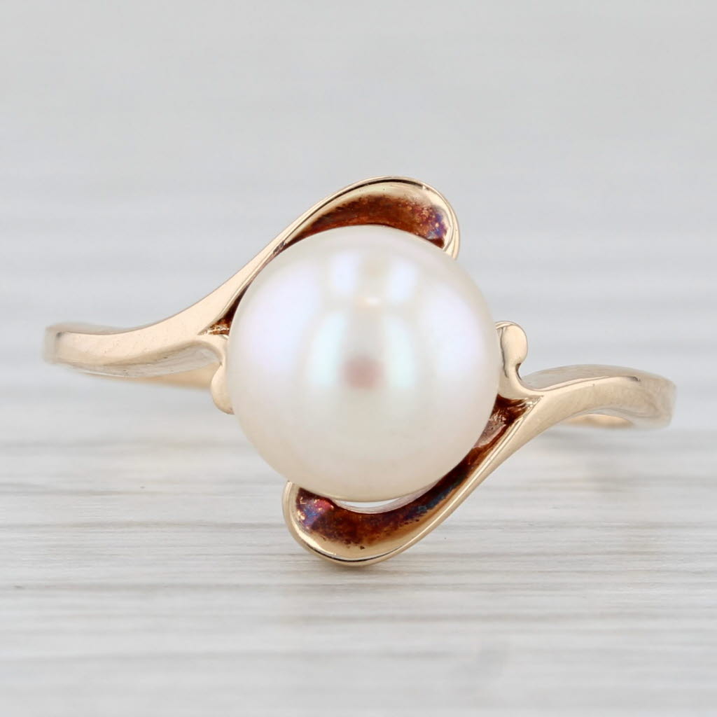 Light Gray Cultured Pearl Bead Solitaire Bypass Ring 14k Yellow Gold Size 6.75