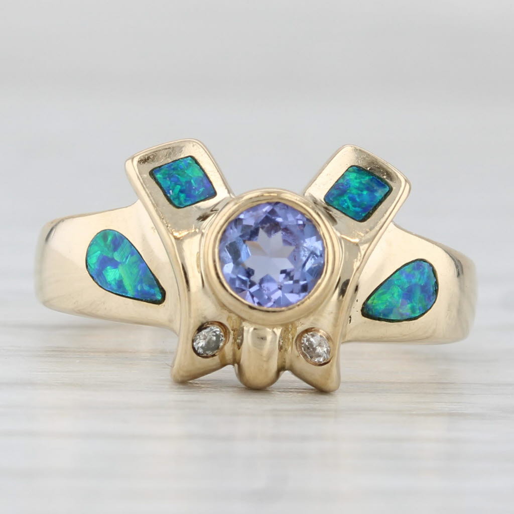 Light Gray Tanzanite Opal Diamond Ring 14k Yellow Gold Size 4